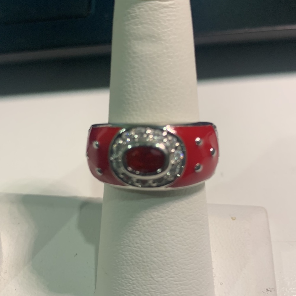 Vintage signed RP sterling silver red enamel ring rhinestones red & clear Sz 6.5 - Picture 4 of 11